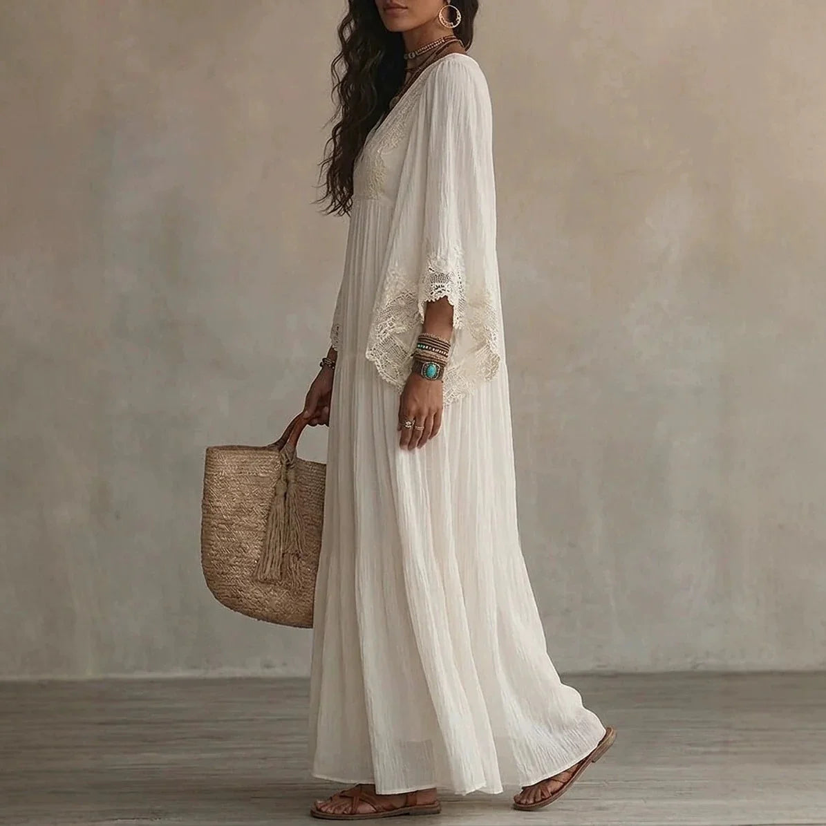 Robe Longue en Dentelle à Taille Haute – Élégante et Fluide