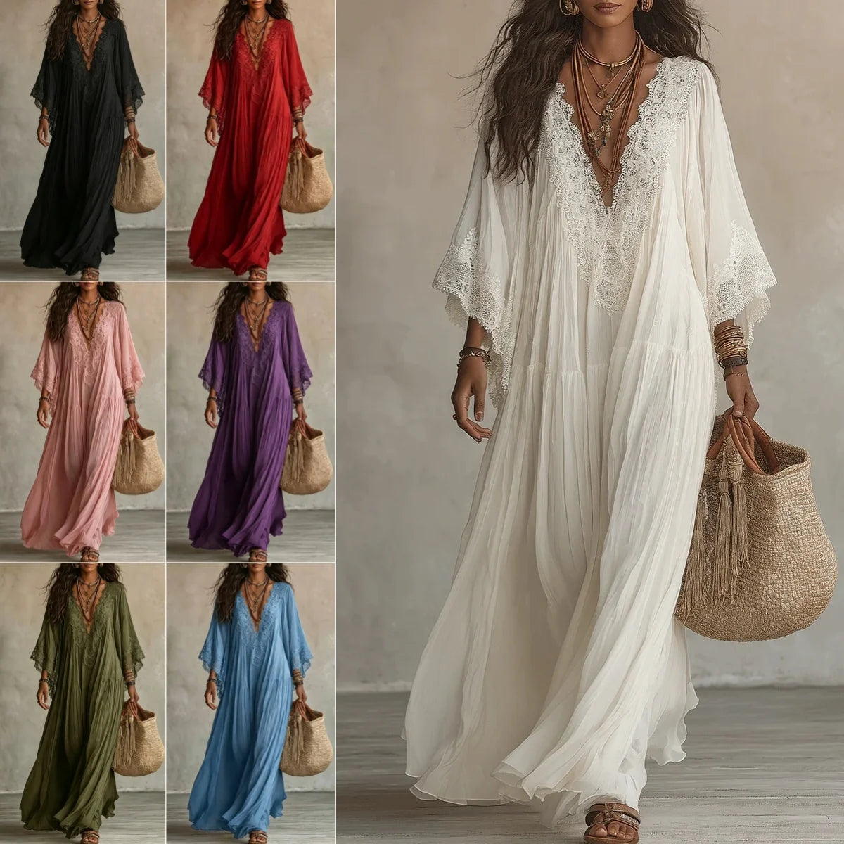 Robe Longue en Dentelle à Taille Haute – Élégante et Fluide