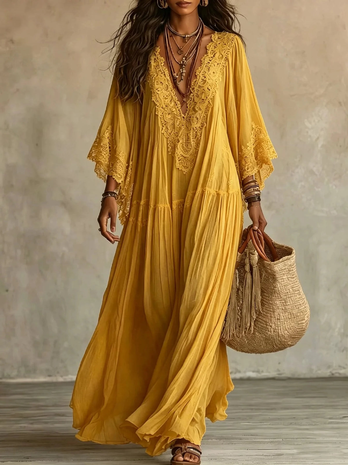 Robe Longue en Dentelle à Taille Haute – Élégante et Fluide