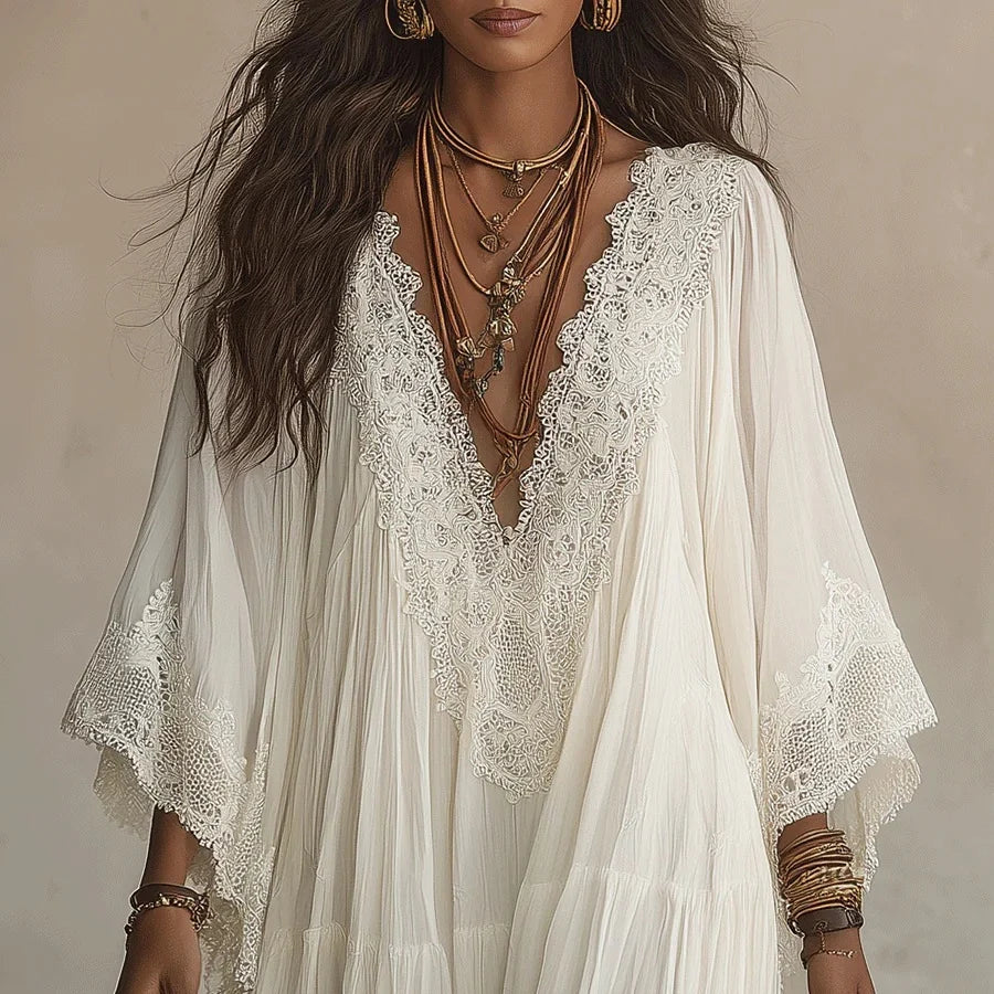 Robe Longue en Dentelle à Taille Haute – Élégante et Fluide