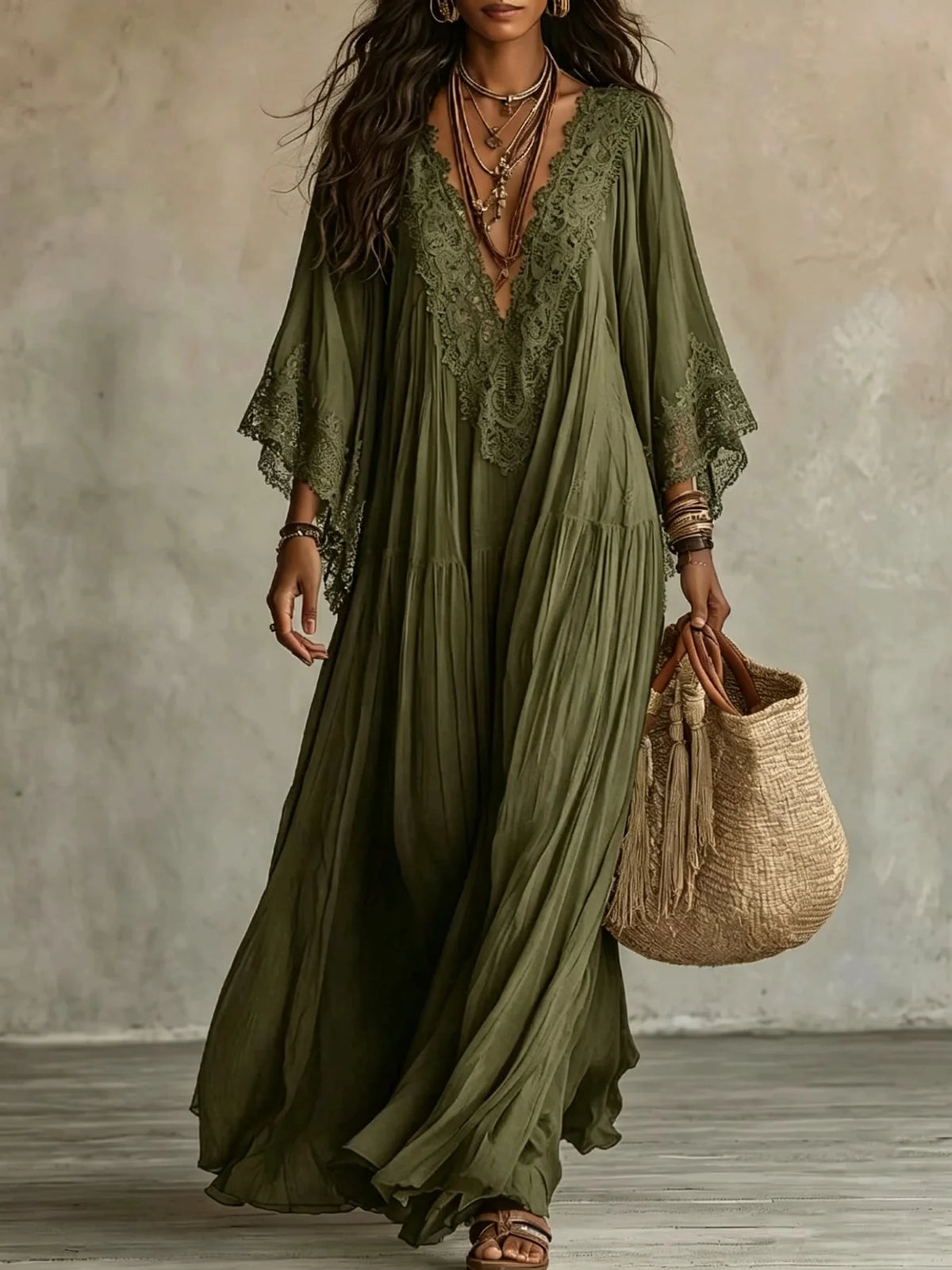 Robe Longue en Dentelle à Taille Haute – Élégante et Fluide