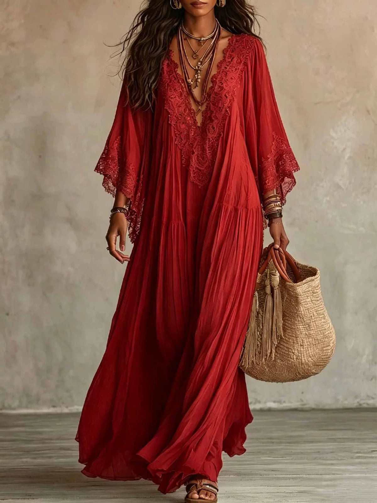 Robe Longue en Dentelle à Taille Haute – Élégante et Fluide